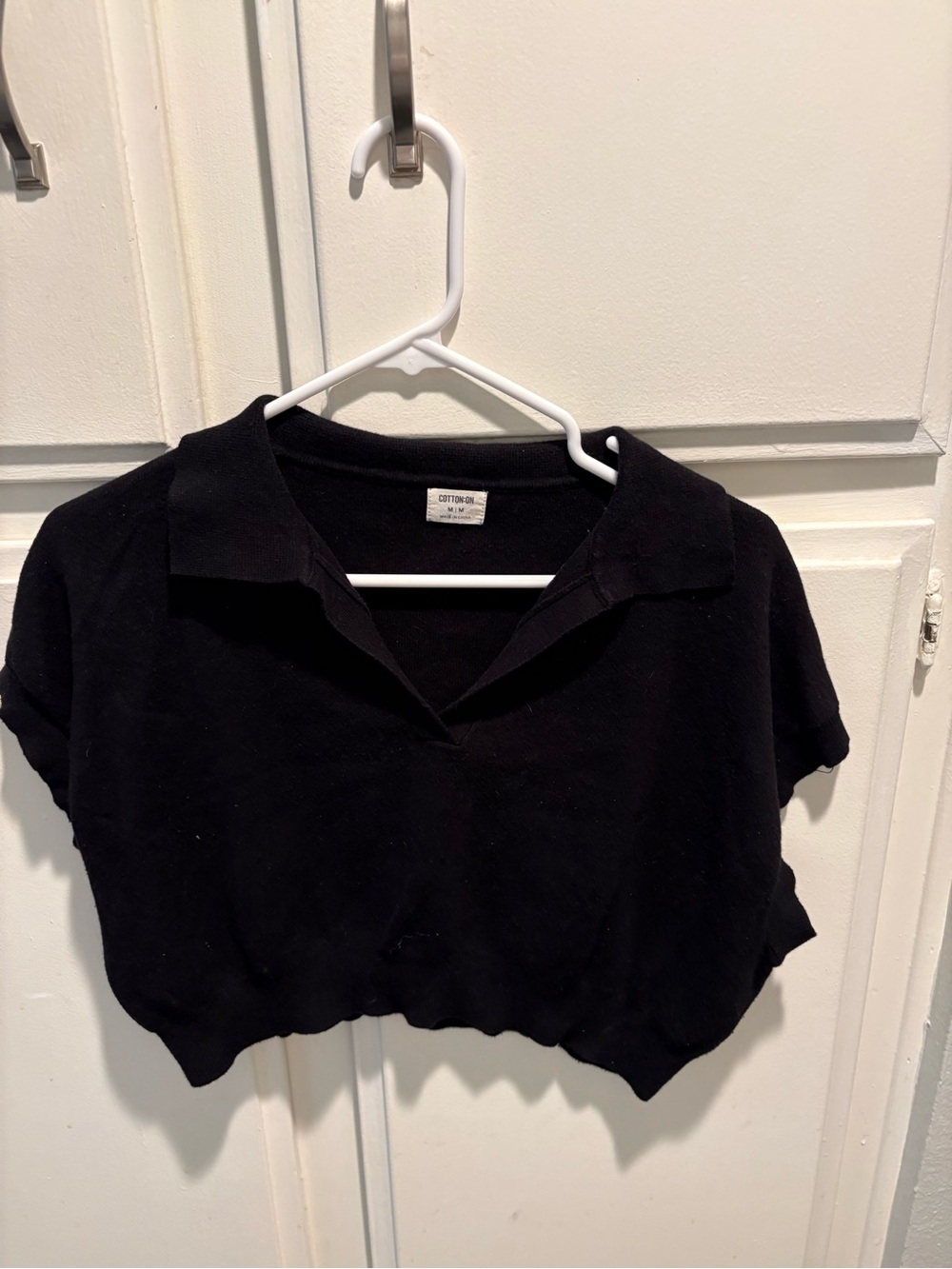 Cotton On Black Cropped Polo Knit Top with V-Neck
